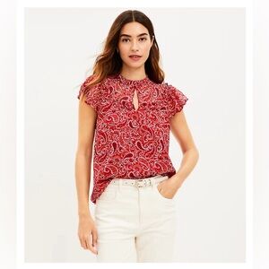 LOFT Red Blouse Paisley Ruffle Flutter Sleeve Top Petite Med
